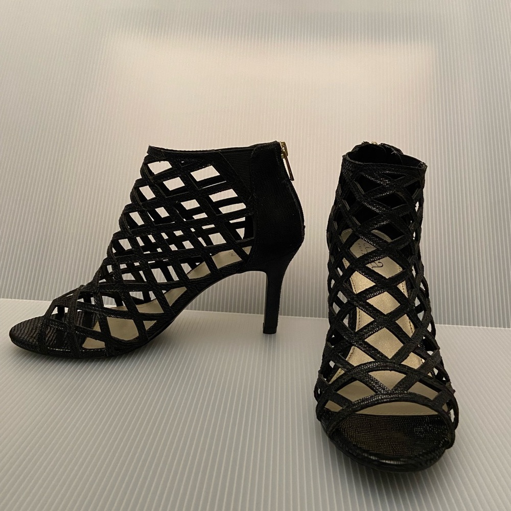 A.N.A. Caroline Black Open Toe Lattice Ankle Boot Pump